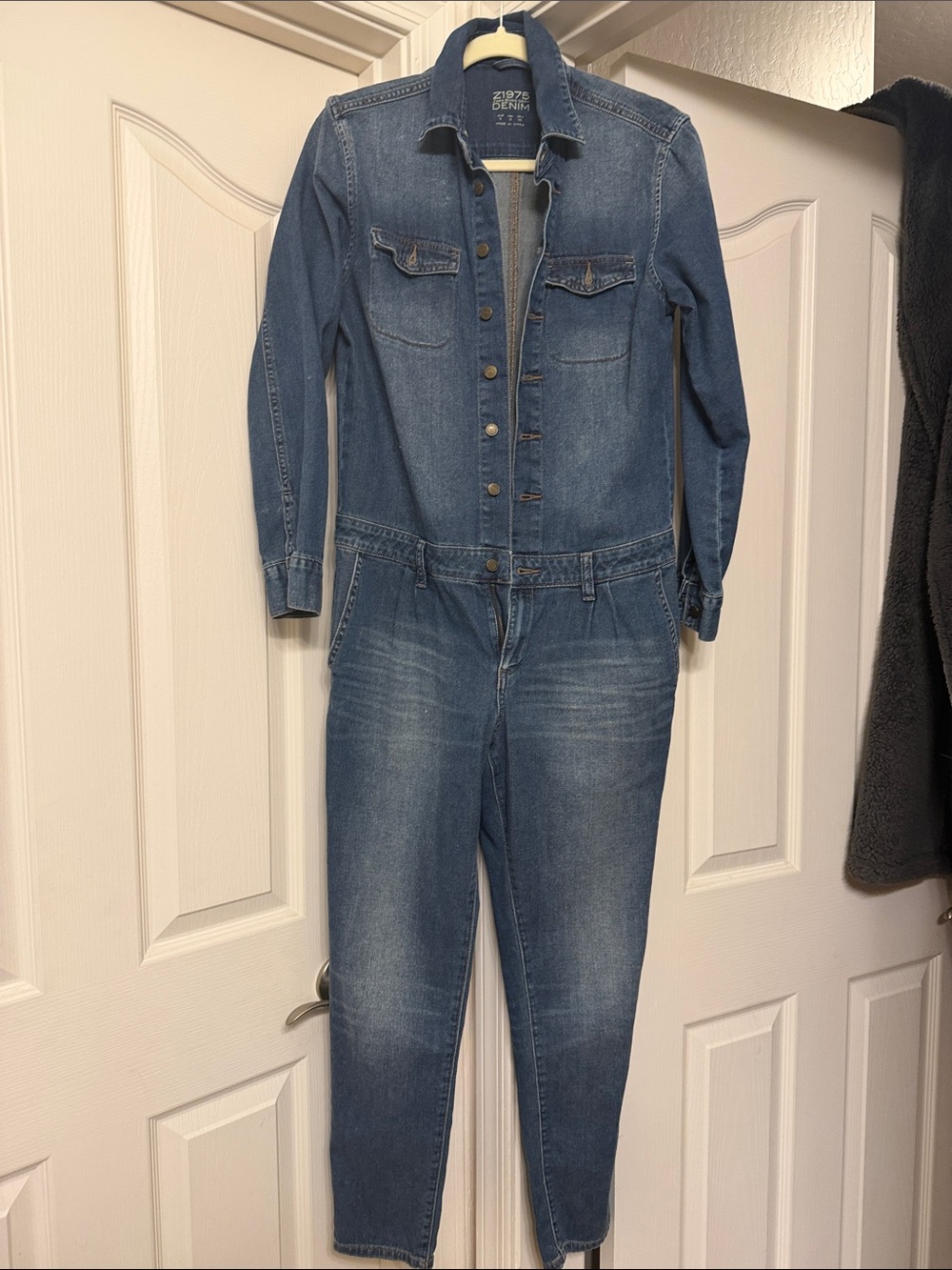 Zara Blue Denim Button-Front Jumpsuit